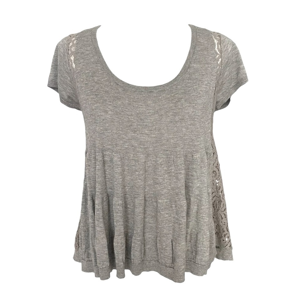 Anthropologie Knitted & Knotted Babydoll Sweater Size L Lace Inset Short Sleeve